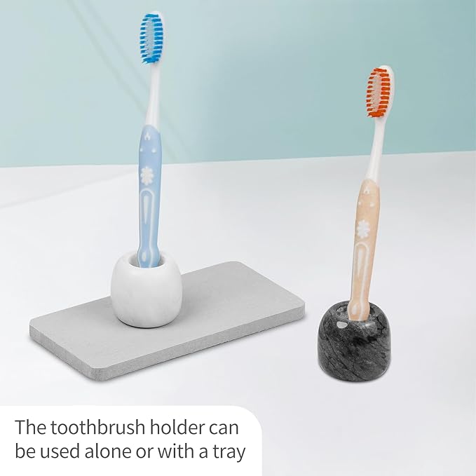 Toothbrush Holders, Marble Toothbrush Holder with Diatomaceous Earth Tray for Bathroom Countertop, Small Toothbrush and Toothpaste Holder Set with A Travel Bag (Black & White Set)