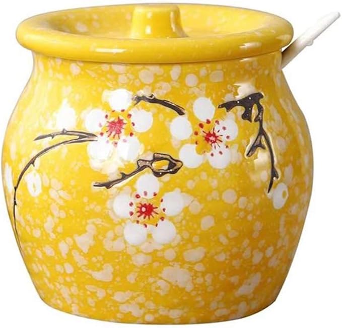 Ceramic Flower Sugar Bowl Seasoning Pot Salt Pepper Storage Jar with Lid And Spoon