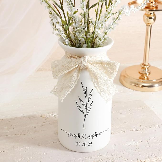 Personalized Wedding Vase with Custom Names and Date, White Ceramic Flower Bottle with Lace Bow, 3 Sizes.