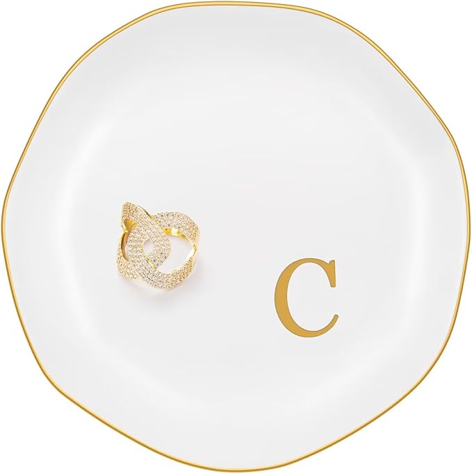Ceramic Jewelry Tray, Personalized Initial Ring Dish, Elegant Trinket Tray for Rings Earrings Bracelet Necklaces, White Decorative Jewelry Holder for Women Vanity, 4.5 Inch, Letter C