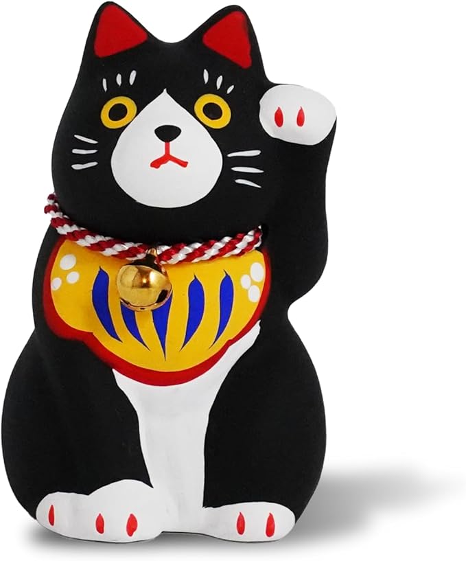 Maneki-Neko Lucky Cat, 2.7 Inches | Hand-Painted Ceramic Fortune and Prosperity Talisman | Artisan Crafted Desk and Room Decor | Made in Japan (Black)