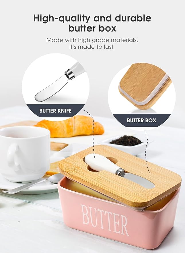 Butter Dish with Lid, Home Decor, Large Butter Dish for Countertop Ceramic Butter Keeper Container with Knife and High Quality Silicone Sealing Good Kitchen Gift Pink