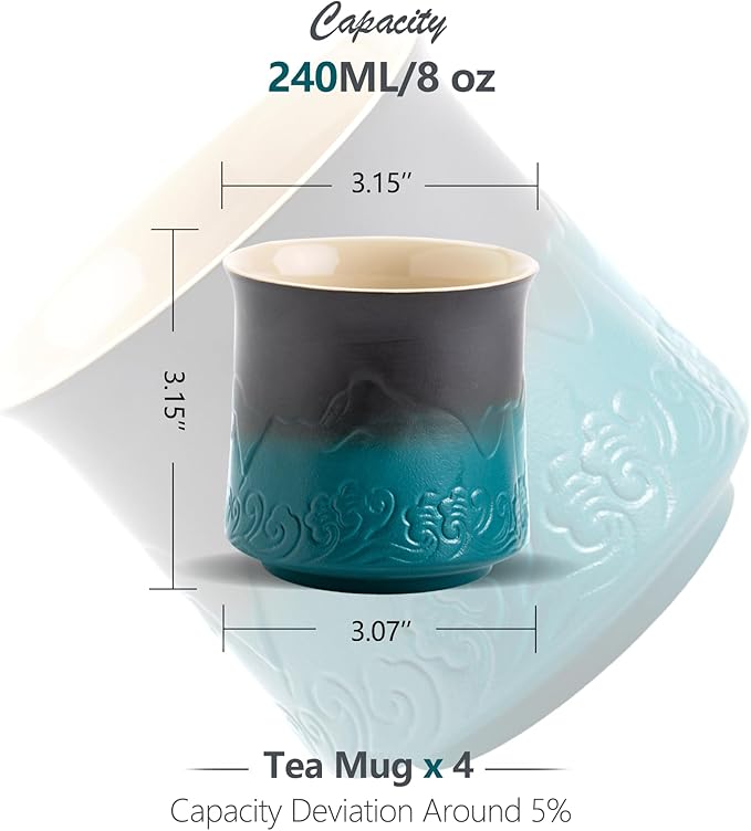 ZENS Japanese Tea Cups Set of 4 - Embossed 8 oz Ceramic Asian Cups for Loose or Matcha Tea - No Handles, Traditional Occupied Japan Style - Dark Green