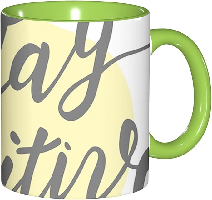 Positive Energy,Funny Novelty Ceramic Coffee Cups With Handle,Words on Circular Backdrop Tea Cup for Office and Home, 11 Oz,Dishwasher Microwave Safe (Green)
