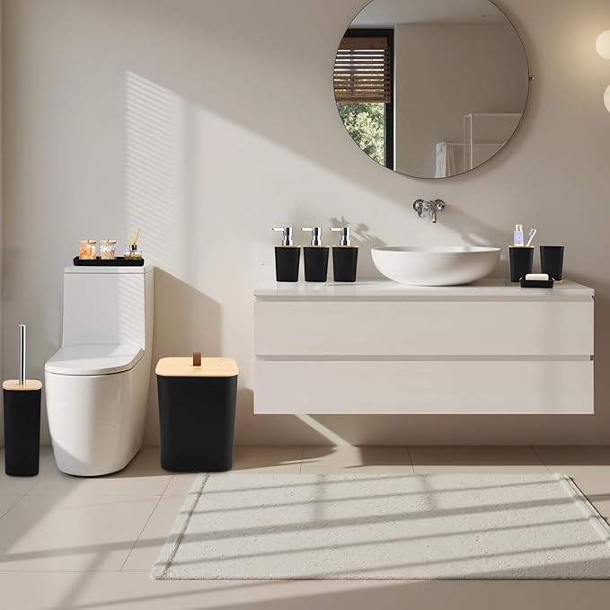 Black Bathroom Accessories, Bathroom Accessories Set with Trash Can, Soap Dispenser, Toothbrush Holder, Toothbrush Cup, Soap Dish, Toilet Brush, Tray and Q-tip Holders for Housewarming