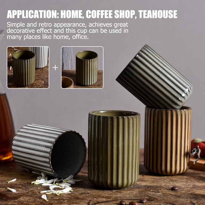 LIFKOME Japanese Tea Cups Ceramics Coffee Mugs Chinese or Japanese Style Porcelain Milk Mug No Handles Vintage Stripe Beverage Cup Drinks Tumbler for Tea Lovers 300ml Green Tea Cup Set