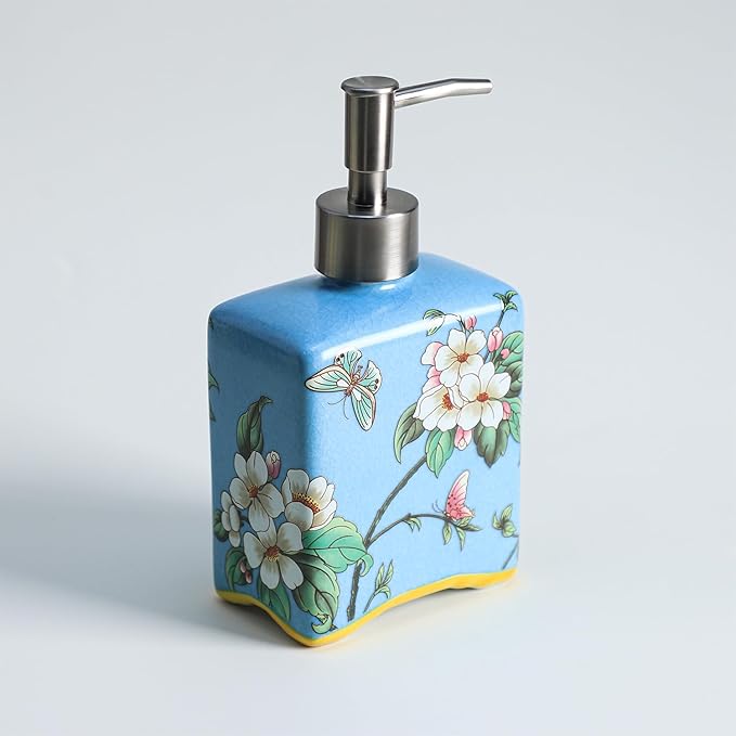 Ceramic Soap Dispenser, Lotion Bottle with Removable Pump, Flower Pattern Dispenser for Kitchen and Bathroom - Blue, 13 OZ