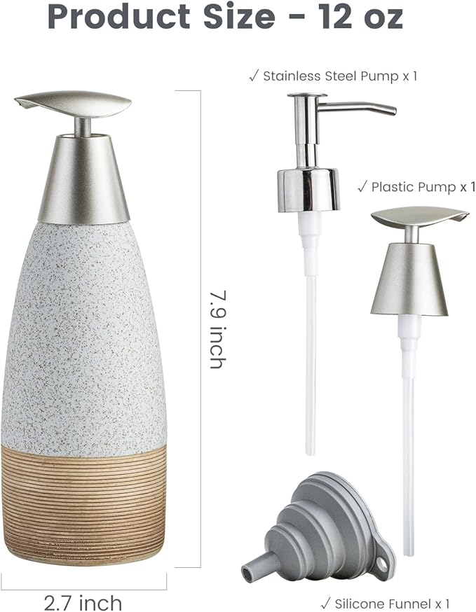 12oz Dish Soap Dispenser with 2 Pumps for Hand Soap, Shampoo, Lotion, Conditioner, Ceramic Refillable Soap Bottle with Silicone Funnel for Easter Bathroom, Kitchen, Speckled White