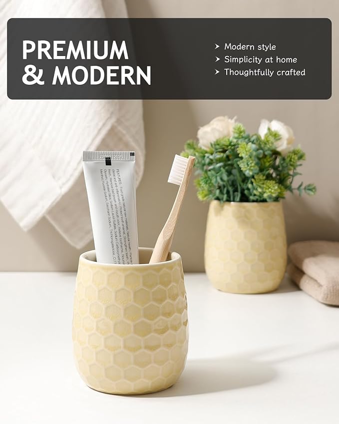 Toothbrush Holder, Tooth Brush Holder for Bathroom - Ceramic Toothbrush Cup Toothbrush Holders Countertop, Ice Cracks Yellow Makeup Brush Holder Pen Holder, 3.62" x 3.62" x 3.93", ANTIS'S HOME