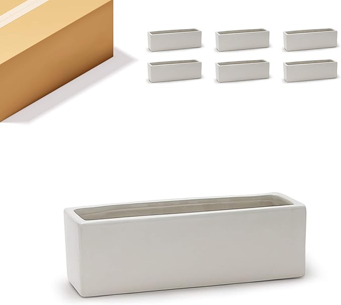 WGVI Long Rectangle Ceramic Planter Vase in White 12" x 4" x 4"H, Block Rectangular Terrarium Box Pot, Flower Arrangement, Table top Centerpiece, Home Decor Organization Storage Container, 6 Pcs.