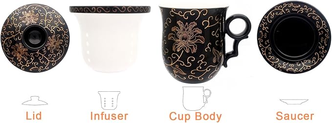 Porcelain Tea Cup with Infuser Lid and Saucer Sets - Chinese Jingdezhen Ceramics Coffee Mug Teacup Loose Leaf Tea Brewing System for Home Office
