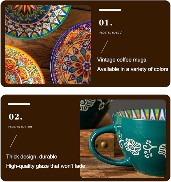 Bohemian Hand-Painted Ceramic Mug, 15 Oz Large Coffee Cup for Milk, Tea, and Breakfast, Dishwasher & Microwave Safe Artisan Cup, Mug Green-A