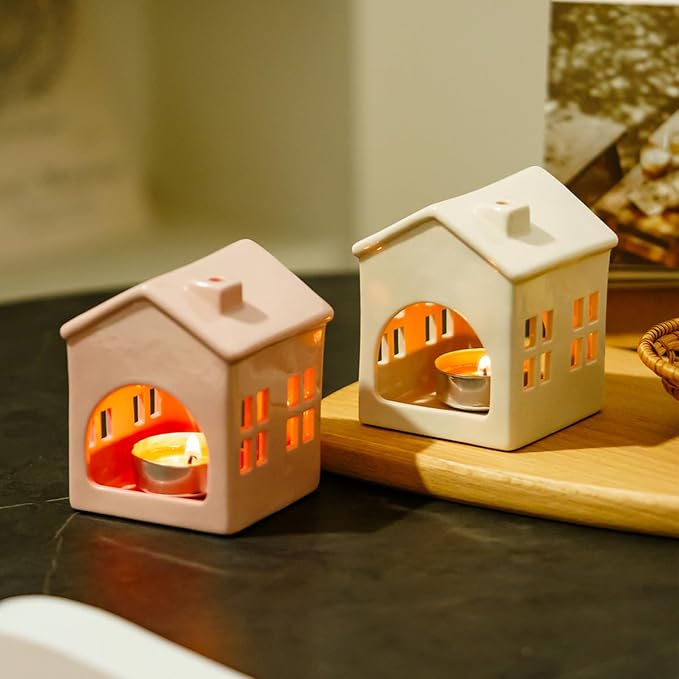 Hollowed Ceramic Village House Tealight Candle Holder for Home Fireplace Mantel Table Centerpiece Winter Holiday Christmas Decorations (Pink)