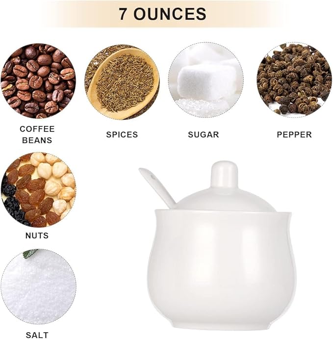Ceramic Sugar Bowl with Lid and Spoon, Porcelain Sugar Salt Pepper Storage Jar, 7 Ounces