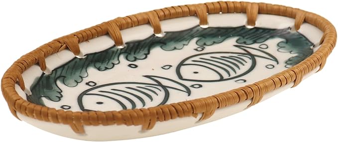 Rattan Ceramic Tray, Oval Fruit/Bread/Cookie/Jewelry Small Storage Porcelain Serving Plate, Vintage Decorative Display Plate for Coffee Table Home Decor Wedding Party Gift (Green Fish)