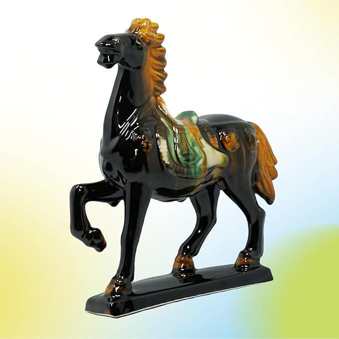 Handmade -Tang Dynasty Tri-Color Horse Sculpture Ceramic Horse-19cm Cultural Art Piece for Home,Bookcase or Office Decor (Black)
