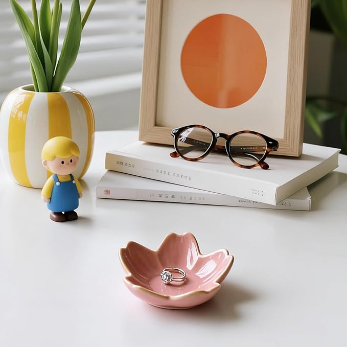 Pink Flower Ring Dish Ceramic Jewelry Tray, Small Trinket Dish Ring Bowl Jewelry Holder Organizer for Vanity/Bathroom/Nightstand, Birthday/Xmas/Engagement Gift for Women/Best Friends/Bride