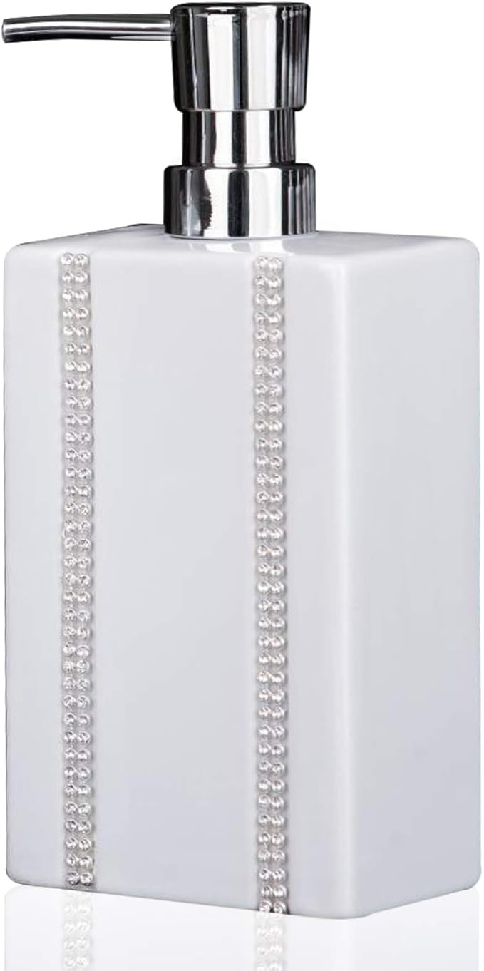 18 OZ Hand Liquid&Lotion Soap Dispenser Ceramic White Lotion Pump Bottle for Kitchen Bathroom Countertop Laundry Room Holds Dish Soap Shampoo Laundry Liquid Shower Gel(Inlaid Rhinestone)