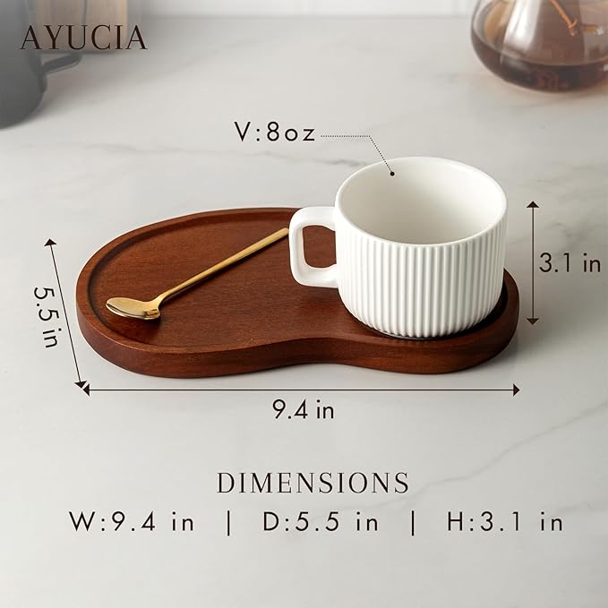 Tea Cups and Saucers Set of 2, 8OZ Cappuccino Cups with Acacia Serving Saucers and Spoons, White Cream Ceramic Coffee Mugs with 9.4inch Wooden Plates for Latte Dessert Breakfast