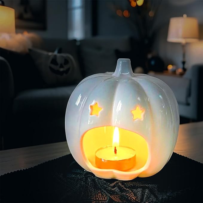 Halloween Pumpkin Stars Ceramic Candle Holder Cute White Pumpkin Designs Tealight Candlestick Table Centerpiece for Halloween Party Office Desk Decorative Candle Holder