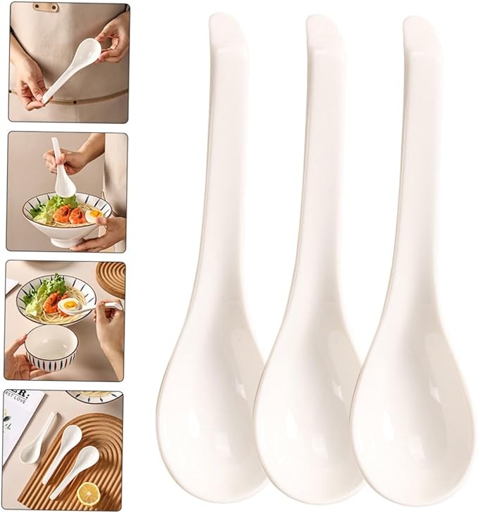 6Pcs White Ceramic Soup Spoons Small Rice Ladles Household Kitchen Utensils Porcelain Serving Spoons for Soup Porridge Dessert