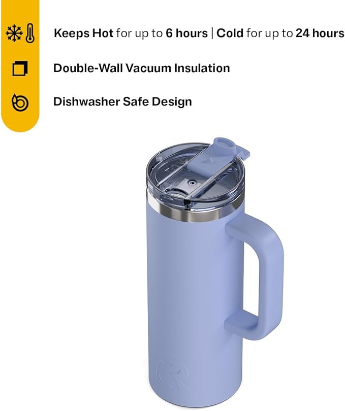 RTIC 20oz Road Trip Travel Mug with Lid and Handle, Ceramic Lined, Insulated, Stainless Steel, Metal, Double Wall Vacuum-Insulation, Portable Coffee, Tea Cup for Hot and Cold Drink, Periwinkle