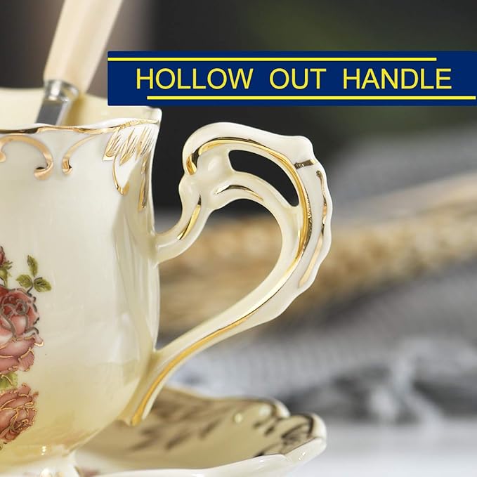 YOLIFE Tea Cups and Saucers Set of 2, Porcelain Floral Tea Cups Set with Holder, Fancy Vintage Teacups 8 oz