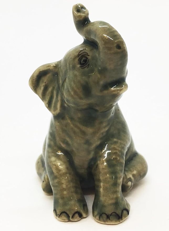 ChangThai Design Tiny 1⅜" Gray Baby Elephant Sitting Look Up Figurine - Miniature Hand Made Painted Ceramic Asian Elephants Cute Wildlife Animals Porcelain Decorative Collectible Figures Décor Gifts