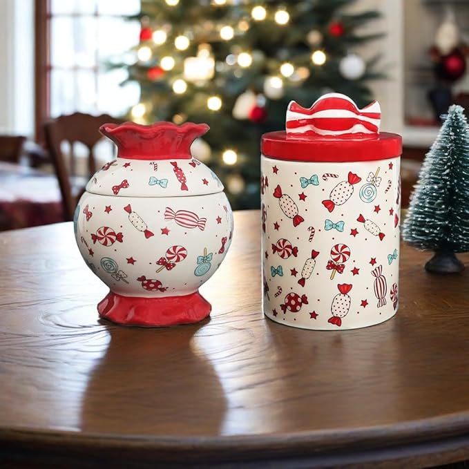 Christmas Cookie Jar with Lid, 2 Pcs Ceramic Candy Jar Canister, Ceramic Storage Jar Container, Decorative Xmas Cookie Container for Holiday Kitchen Counter Displays, Treats, and Gifts (L and M)