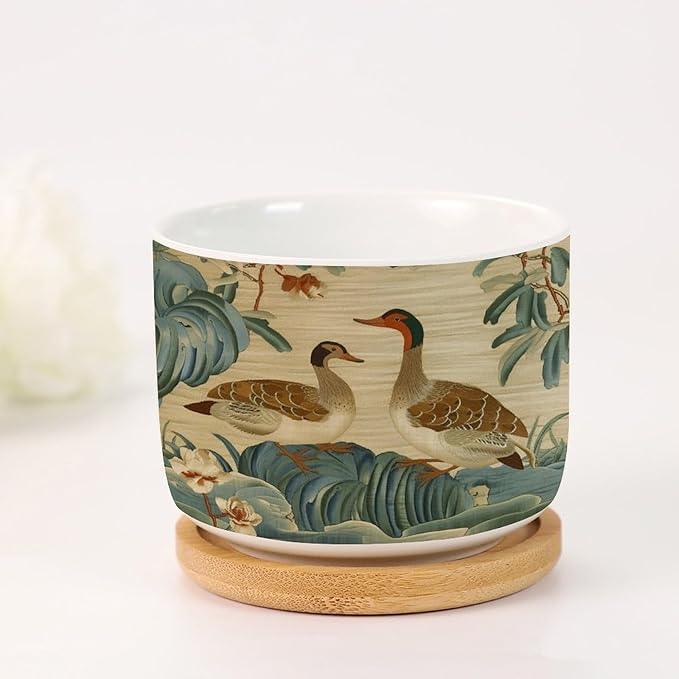 2 Piece and Duck Garden Small Plant Pots Chinoiserie Style Succulent Pot with Drainage Bamboo Trays Green Water Lily Chinoiserie Flower Ceramics Planters for Indoor Plants