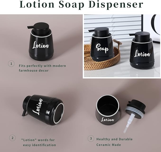 LEETOYI Farmhouse Ceramic Soap and Lotion Dispenser Set with Pump 14oz for Bathroom (Black)