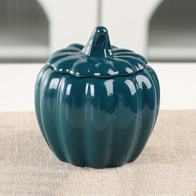 WAIT FLY Pumpkin Shape Airtight Ceramic Canister Tea Canister Tea Storage Food Storage Jar for Tea, Coffee, Spices, Sugar, Cookies, Pickle, Cereals-Dark Green-7 OZ
