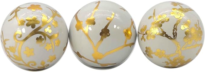 Galt International 4" Diameter Gold & White Floral Chinoiserie Ceramic Ball (Set of 3) | Decorative Ball Vase Bowl Filler