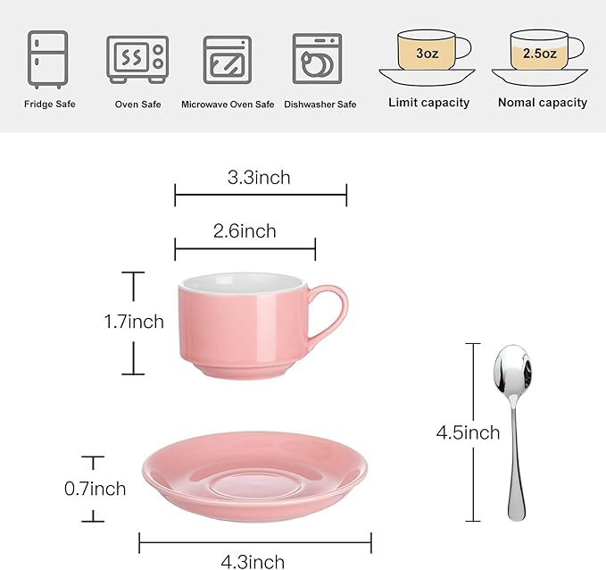 2.5oz Espresso Cups Set of 4, Demitasse Cups and Saucers with Spoons for 4, Expresso Shot Cups for Espresso Machine-Pink