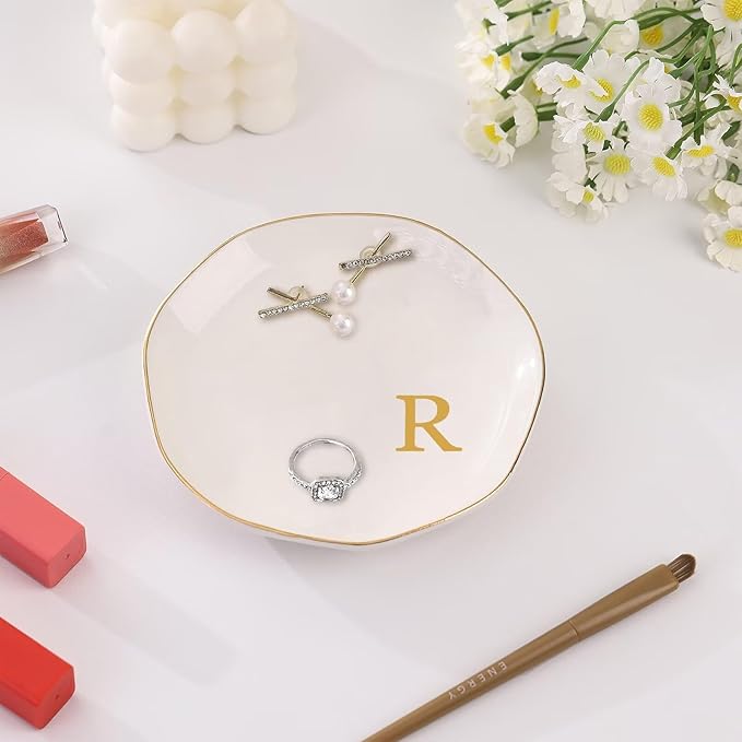Ceramic Jewelry Tray, Personalized Initial Ring Dish, Elegant Trinket Tray for Rings Earrings Bracelet Necklaces, White Decorative Jewelry Holder for Women Vanity, 4.5 Inch, Letter R