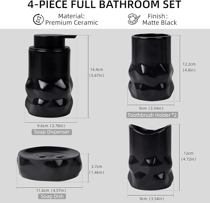 BosilunLife Modern Ceramic Bathroom Accessories Set, Bathroom Counter Set Matte Black Bathroom Decor Sets Accessories Bathroom Lotion Soap Dispenser, Toothbrush Holder Set, Soap Dish, Apothecary Jars