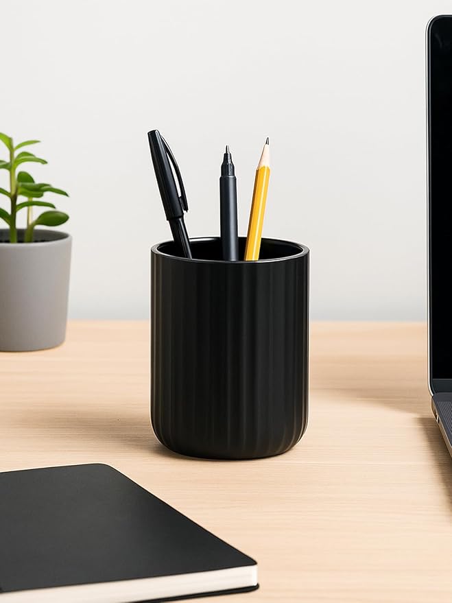Black Ceramic Toothbrush Holder Cup – 13.5oz Bathroom Tumbler with Vertical Stripe Texture, Modern Toothbrush or Makeup Brush Holder
