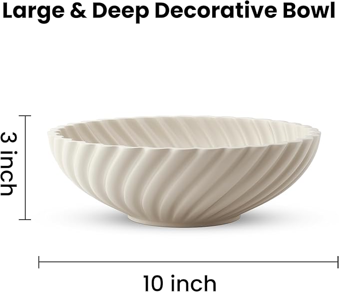 10'' Ceramic Decorative Bowl - Stylish Fruit Bowl for Kitchen Counter - Key Bowl for Entryway Table Decor - Large Decorative Bowls for Home Decor - Modern Home Decor Accents White