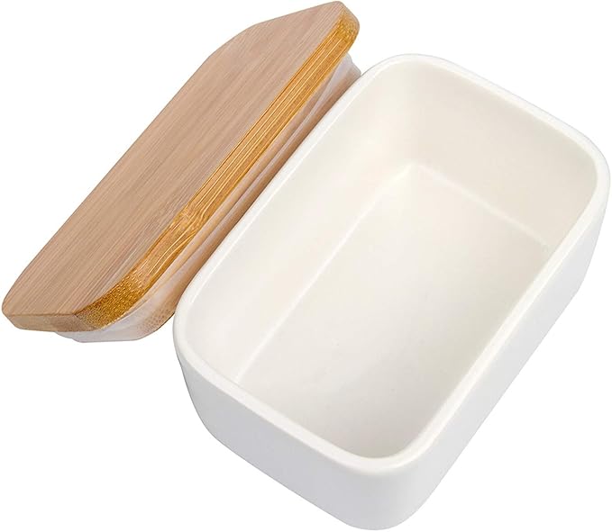 Porcelain Butter Dish with Bamboo Lid, Ceramic Butter Keeper Container for Countertop or Refrigerator, Heat Resistant Kitchen Butter Storage Dish, White (300ml)