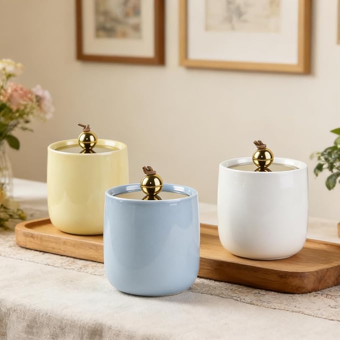 2 Pack Ceramic Qtip Holder Dispenser with Gold Lids, Blue Apothecary Jars Bathroom Vanity Organizer for Home Decor Bathroom Canister for Cotton Swabs, Rounds, Balls, Makeup Sponges, Bath Salts