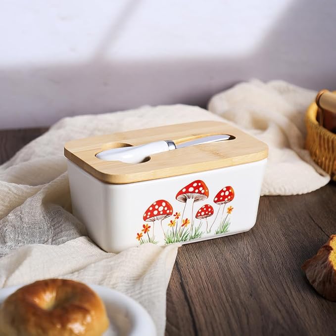 WAIT FLY Mushroom Ceramic Butter Dish with Bamboo Lid and Knife, 2 Sticks Butter Dish Butter Container Keeper for Kitchen Countertop, Home Decorative-Mushroom