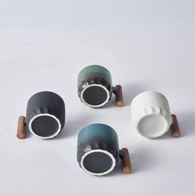 Ceramic Espresso Cups with Wooden Handle Espresso Shot Cups Ceramic Tea Cups Porcelain Demitasse Cups for Coffee or Tea, 2oz (black, 2)