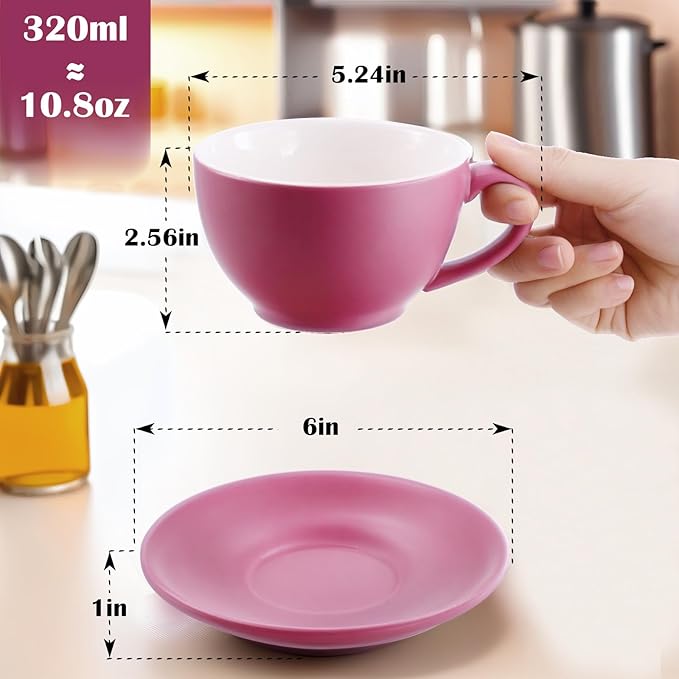 Yundu Matte Purple Cappuccino Cups Set of 4-10oz Ceramic Latte Mugs with Saucers, Elegant Espresso Cups for Coffee & Tea