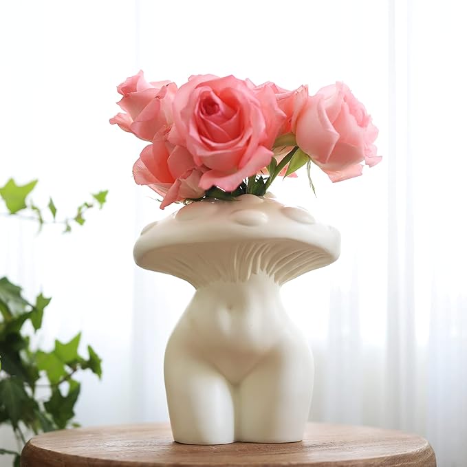 GUGUGO Mushroom Female Body Vase for Decor,Quirky Unique Cute and Funny Boho Decor for Home and Bathroom,Mushroom Butt Vase for Flower,Modern Home Aesthetics for Decorating, White