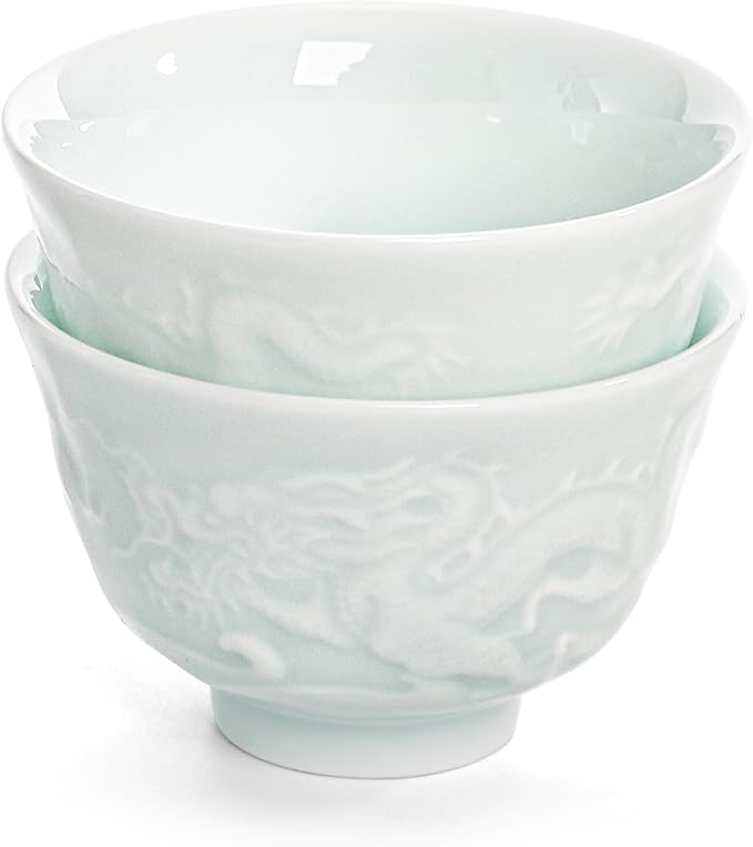 2Pcs Ceramic Tea Cup, 1.5 Oz Handmade Chinese Teacup, Mini Japanese Sake Cups, No Handle Asian Embossed Double Dragon Cup for Kungfu Style Tea Ceremony, Hot Tea, Matcha, Dishwasher Safe
