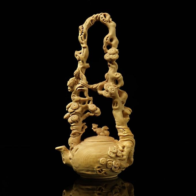 Wooden Statue Carrying Beam Pot Handmade Wood Sculpture Decor Boxwood Vintage Decoration Ornament for Living Room Bedroom Office Home Feng Shui Sculptural