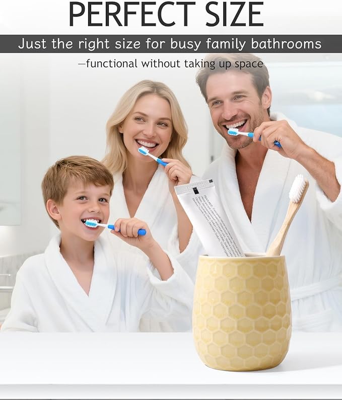 Toothbrush Holder, Tooth Brush Holder for Bathroom - Ceramic Toothbrush Cup Toothbrush Holders Countertop, Ice Cracks Yellow Makeup Brush Holder Pen Holder, 3.62" x 3.62" x 3.93", ANTIS'S HOME