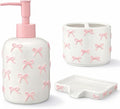 White Bow Ceramic Bathroom Accessories Set 3 Pcs for Countertop, Soap Dispenser, Toothbrush Holder, Soap Holder, Bathroom Sink Decor for Modern Home Decor