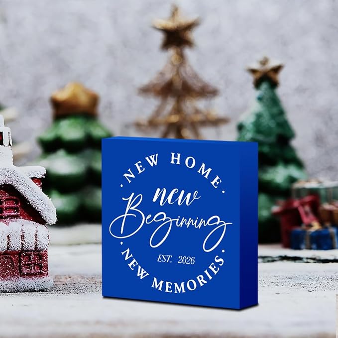 MUBIAO Rustic 2026 New Home Housewarming Gifts Ideasfor Women Men Friend Home Desk Shelf Decor - 5.1 x 5.1 Inches New Memories Decor Accessories - Blue