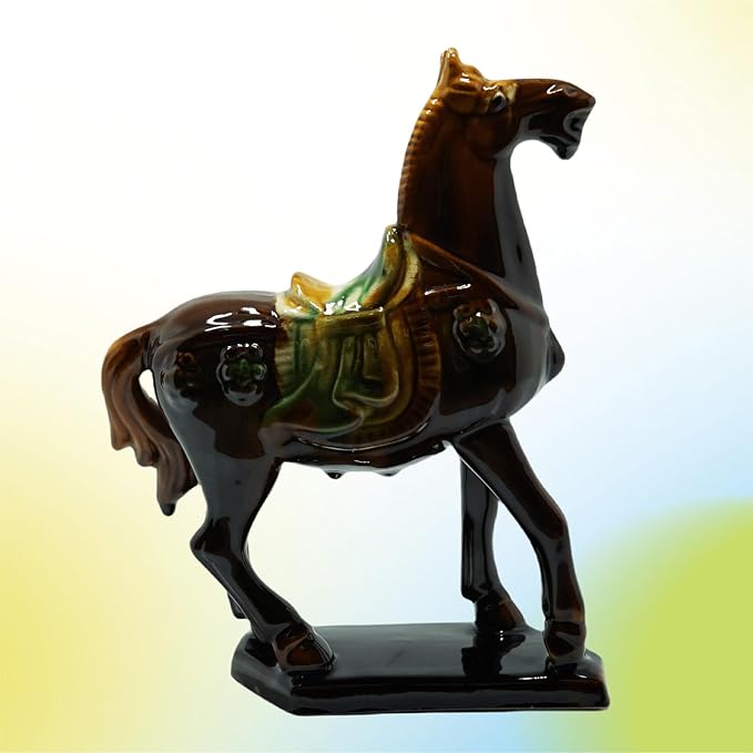 Handmade -Tang Dynasty Tri-Color Horse Sculpture Ceramic Horse-19cm Cultural Art Piece for Home,Bookcase or Office Decor (Brown)